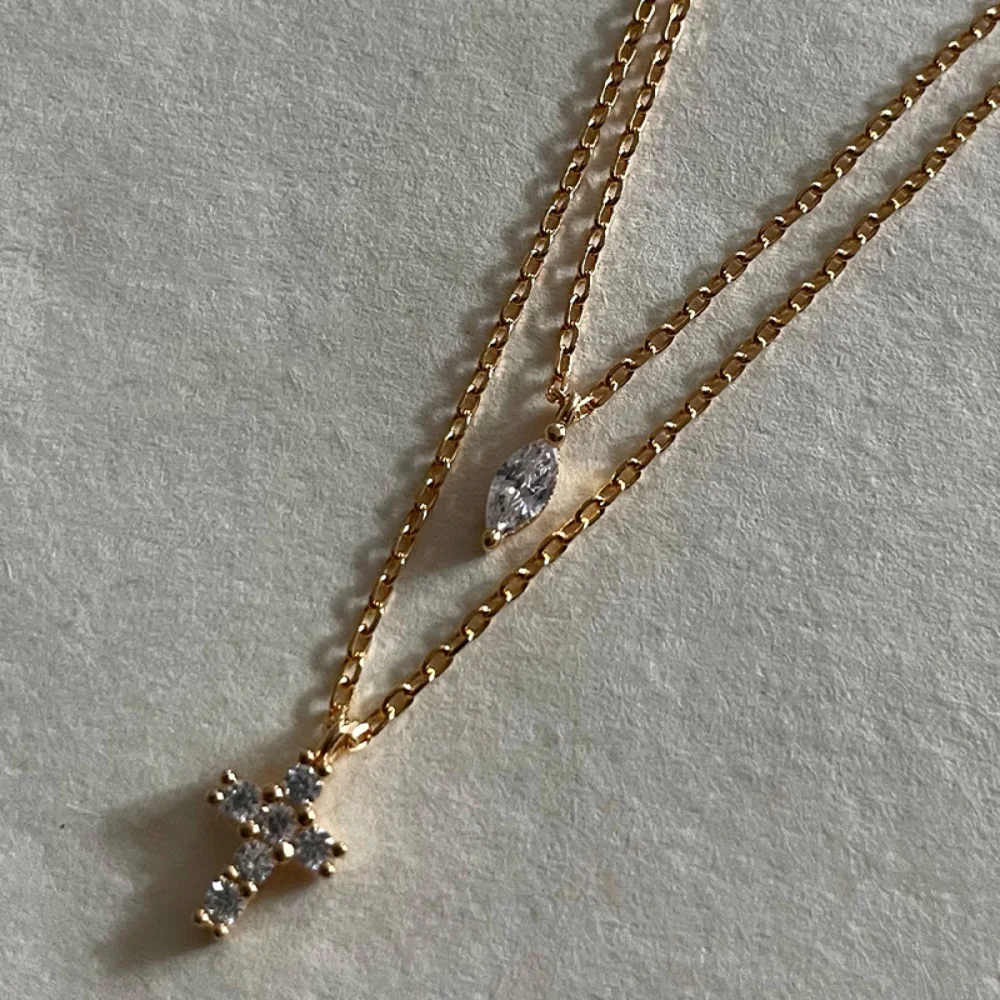 

Zircon Inlaid Shiny Chain Choker Simple Retro Jewelry Double-strand Necklace Box Chain Rhinestone Cross Clavicle Chain Unisex