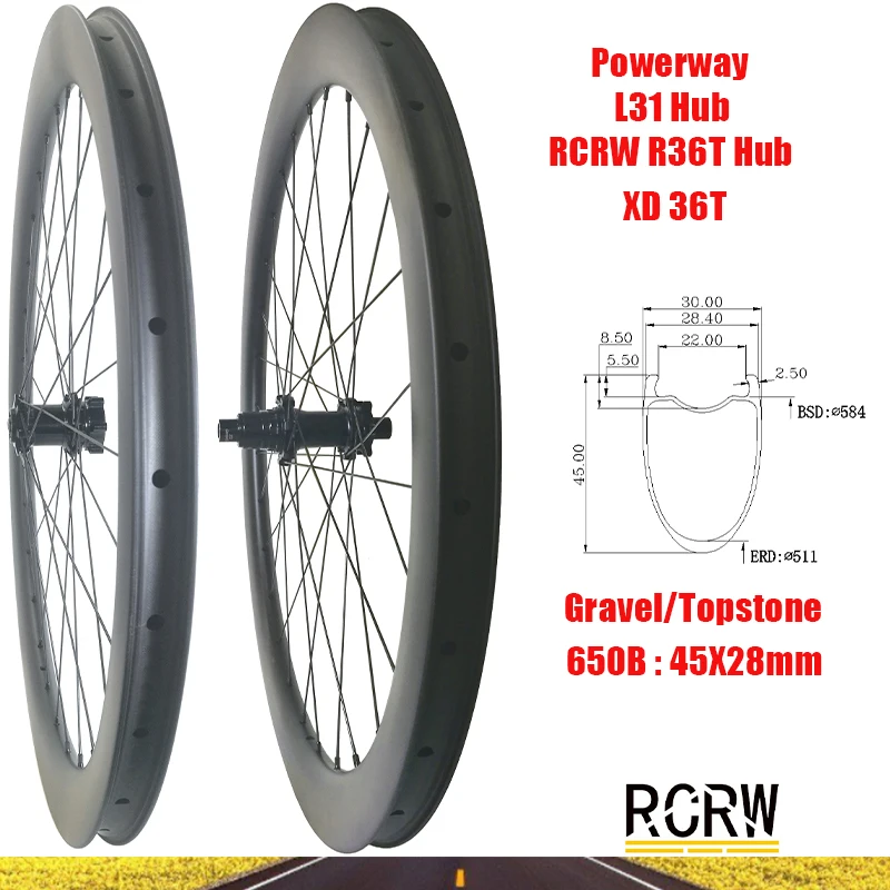 

650B/27.5er Gravel Road 45x28mm Wheelset Carbon Rim Topstone 28H Deep 45 Wide 28 Powerway L31 Lefty RCRW XD Hub Straight Pull