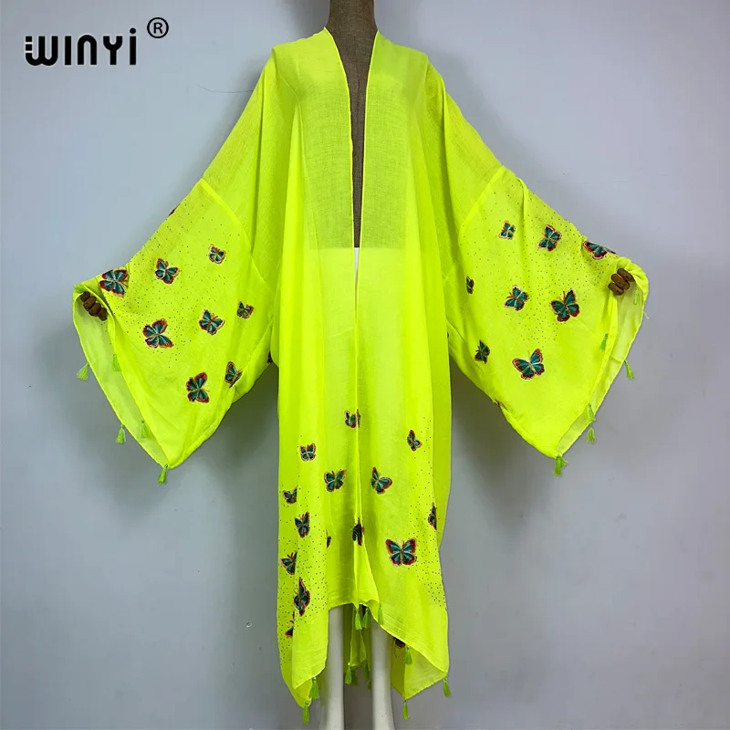 

WINYI high quality Butterfly embroidered fringed dress Boho Maxi beach Holiday Beach Cover Ups for Swimwear Women Africa Kimono