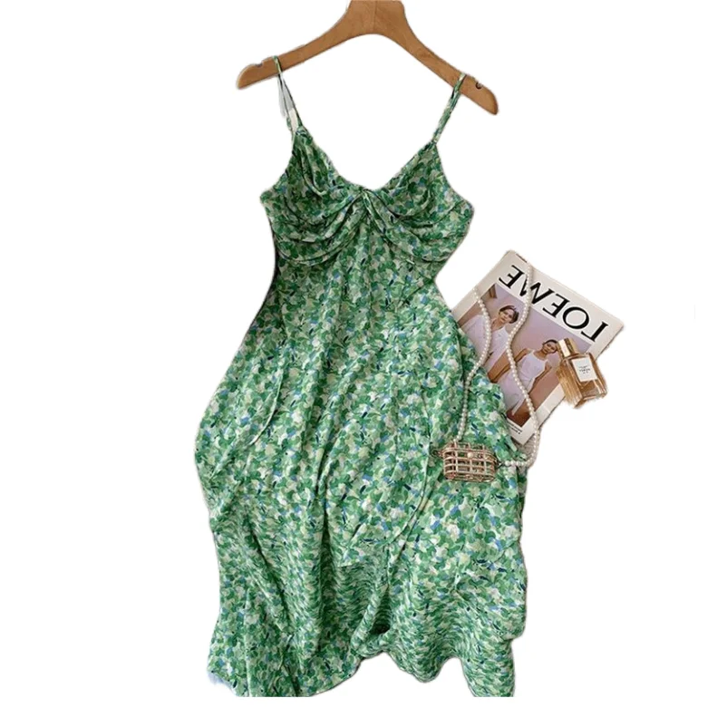 

Женское шифоновое платье с оборками, привлекательное зеленое элегантное винтажное платье до щиколотки с V-образным вырезом и поясом, лето 2024
