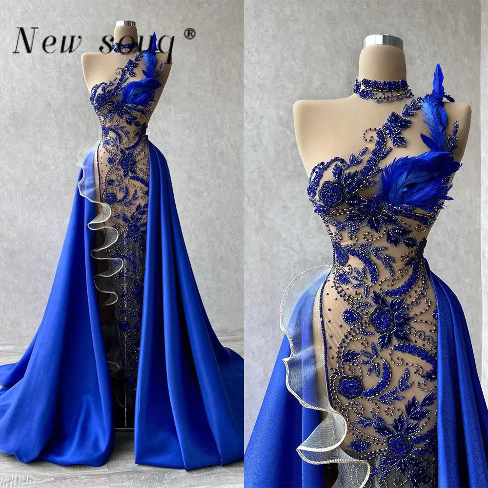 Exquisite Blue Feathers Evening Dresses Beads Crystals One Shoulder Mermaid Party Dress Illusion Overskirts Prom Gowns Robes
Exquisite Blue Feathers Evening Dresses Beads Crystals One Shoulder Mermaid Party Dress Illusion Overskirts Prom Gowns Robes