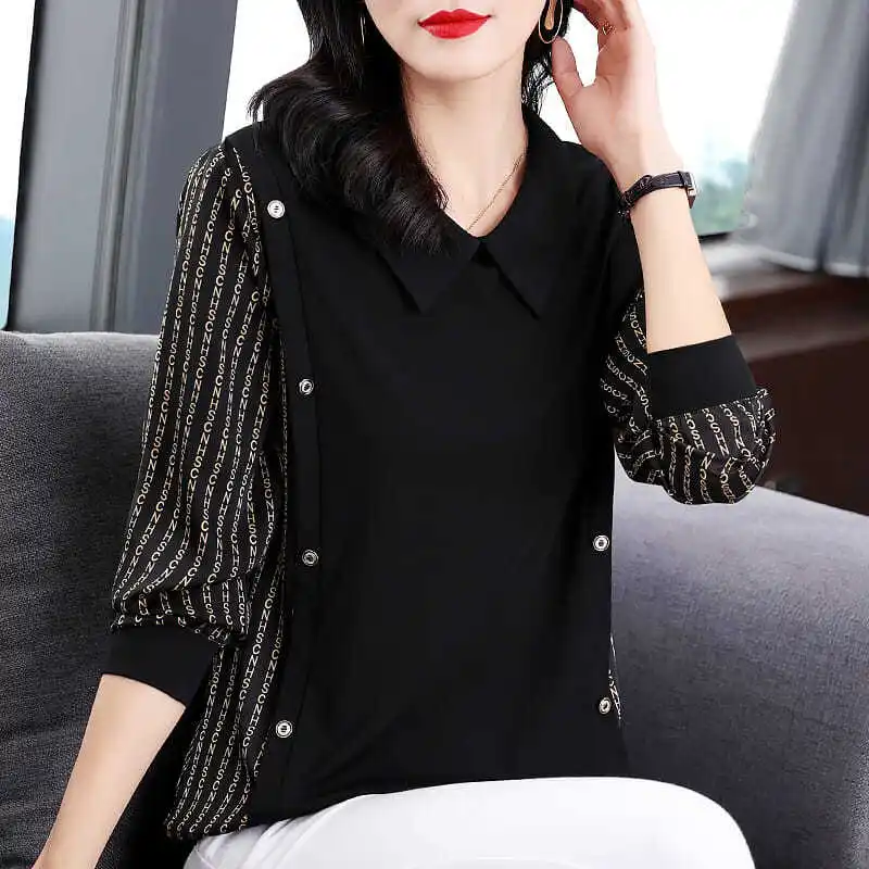 

Stylish Printed Button Spliced Letter Blouse Women's Clothing 2022 Autumn New Oversized Casual Pullovers Elegant Commute Shirt