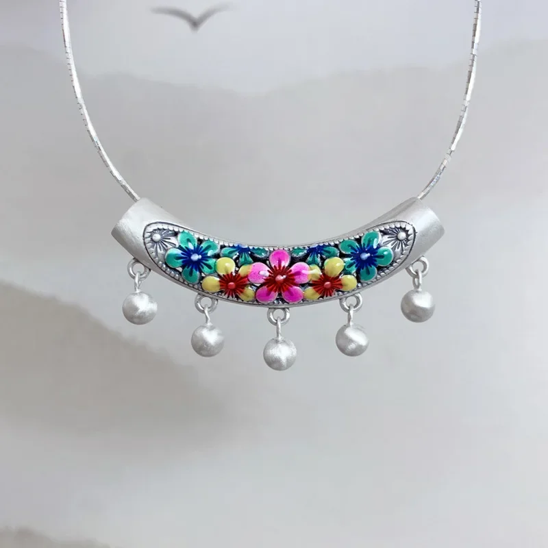 

925 Sterling Silver Enamel Colorful Flower Elbow Pendant For Women Chinese Style Hollow Beads Tassel Choker Pendant Jewelry DZ40