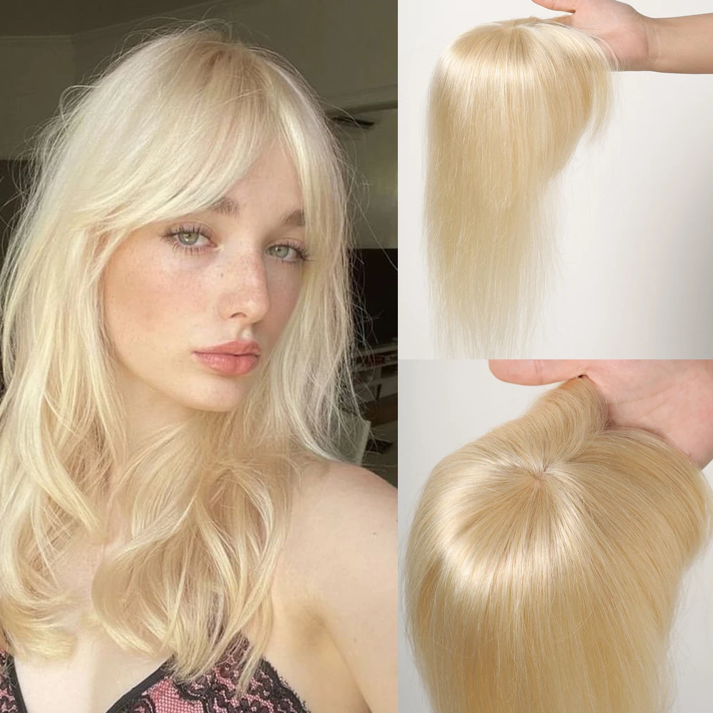 

Light Blonde Human Hair Toppers Hairpieces for Women 100% Remy Topper Wig with Bangs Silk Base Clip in Hair Topper 10inch-12inch