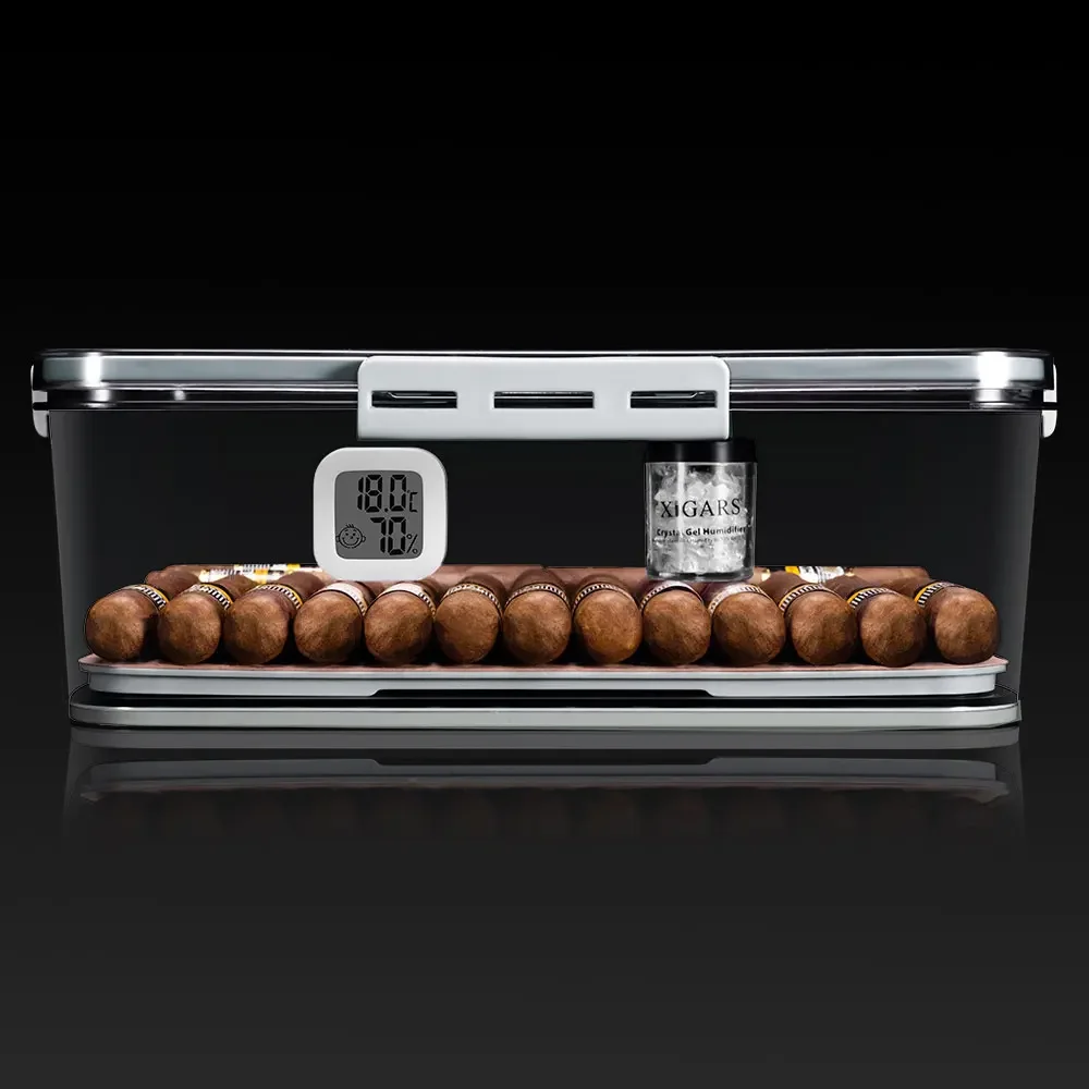 Cave à cigares transparente avec hygromètre, étagère en bois, 100 pièces, matériau PP, portable, multifonction, boîte à cigares scellée 3