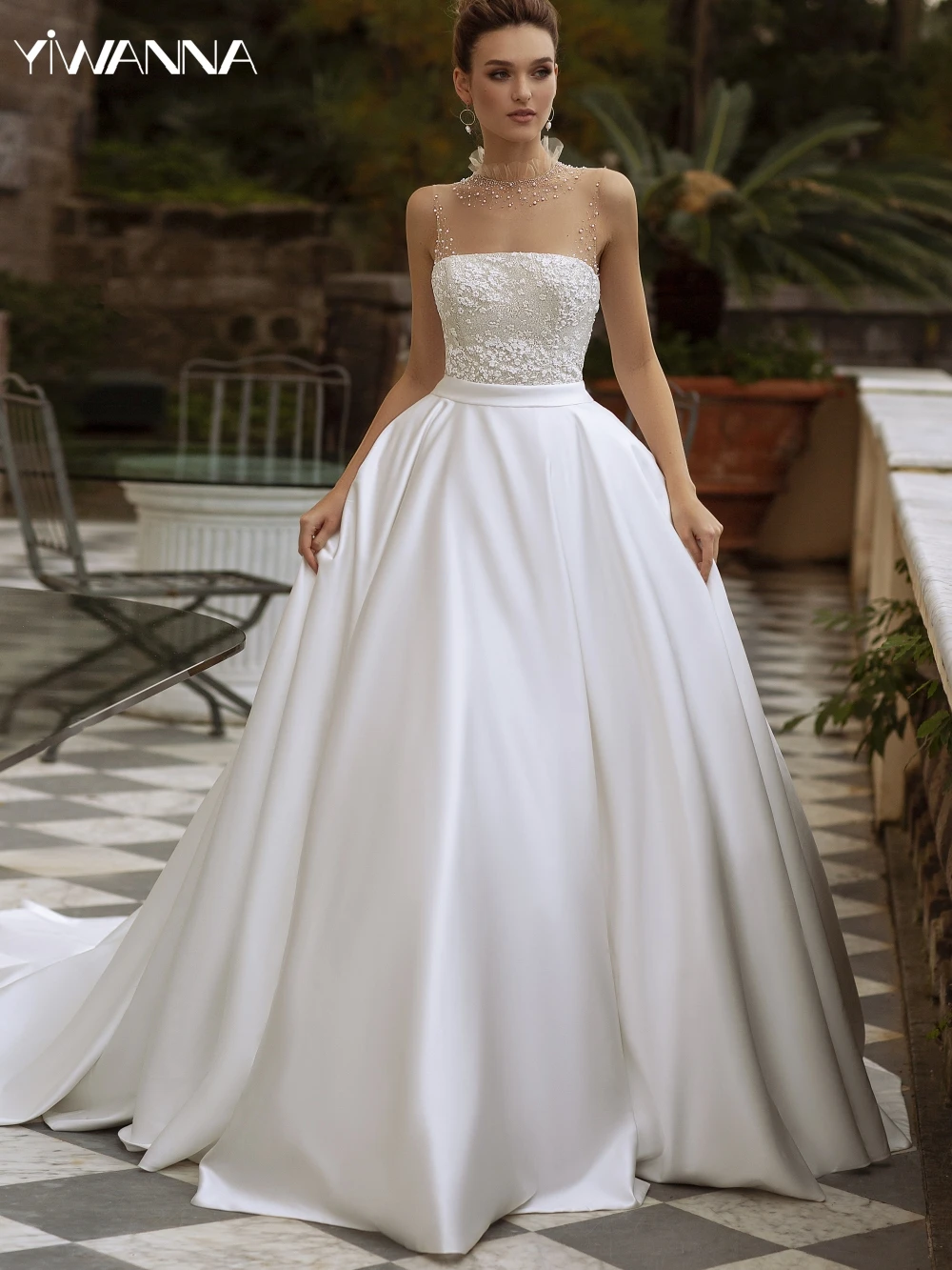 Classic High Collar Sleeveless Wedding Dress Sparkly Sequins Beads Bride Robe Elegant Satin Ball Gown Bridal Gown Robe De Mariée
Classic High Collar Sleeveless Wedding Dress Sparkly Sequins Beads Bride Robe Elegant Satin Ball Gown Bridal Gown Robe De Mariée