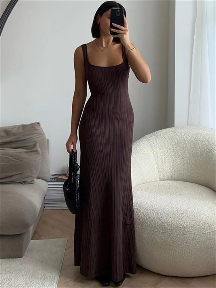 

Tossy Knit Ribbed Slim Maxi Dress Female Backless Scoop Neck Fashion Elegant Party Looks Long Dress Patchwork Knitwear Dress