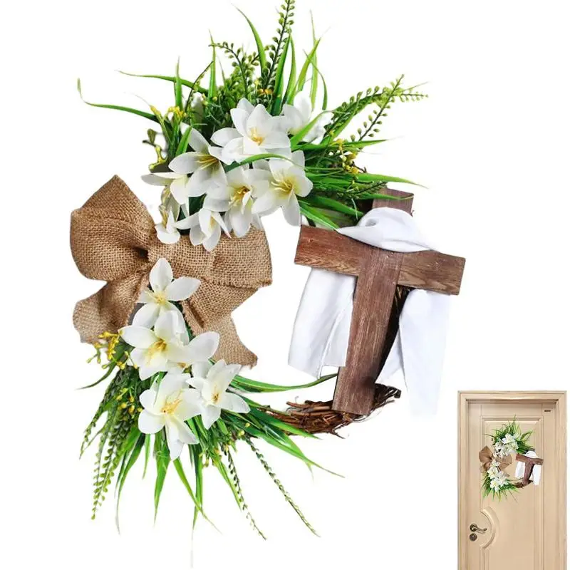 

Easter Cross Wreath Easter Wreath Door Hanging Decoration With Cross Bouquet Garland Wreath Sign For Easter Spring Home Coffee