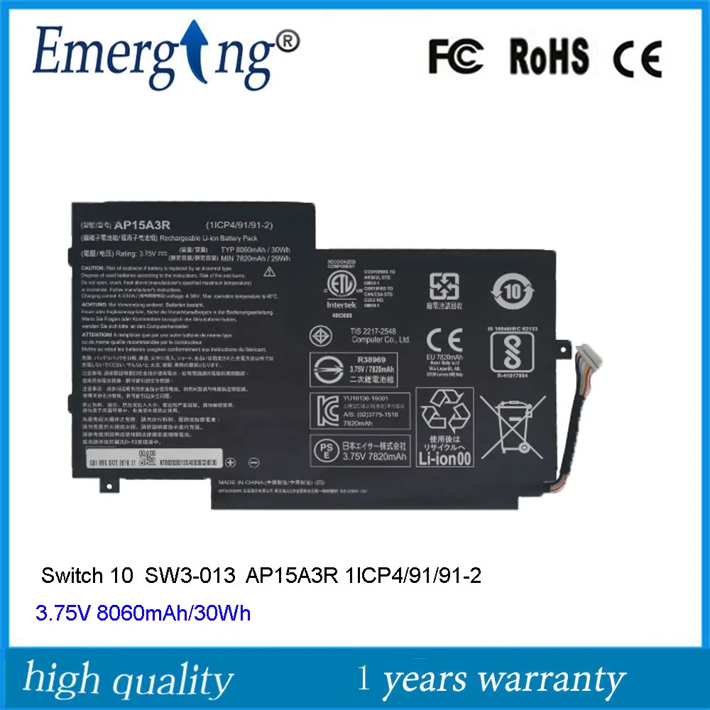 

3.75V 30Wh Laptop Battery AP15A3R For Acer Aspire Switch 10 SW3-013 1ICP4/91/91-2 KT.00203.009