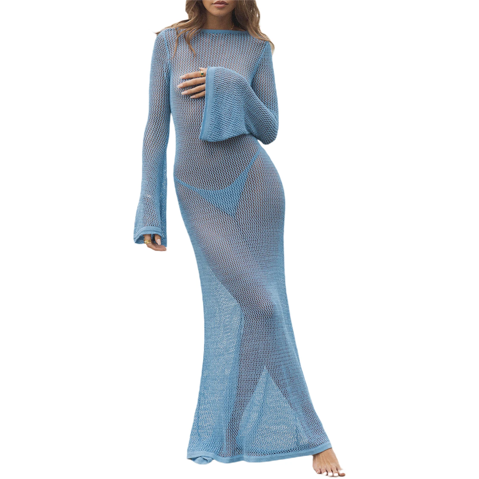 

hirigin Sexy Women Knitted Beach Dress Hollow-Out O-neck Long Sleeve Bikini Cover-Ups Dress Backless Swimsuits Holiday Dress