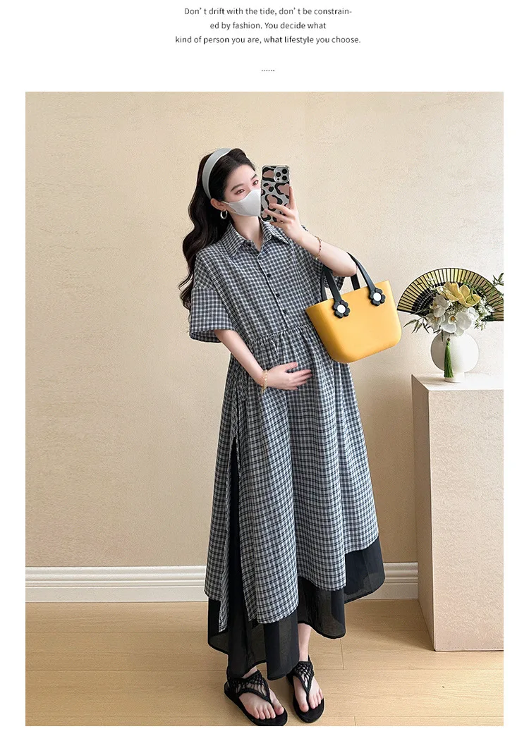 Summer Maternity Dress: Fashionable Checkered Fake Two-Piece Shirt Dress - Stylish & Comfortable Pregnancy Wear for Trendy Moms 14 S480544fe1d1a4d31bb3e27a2d006ad27P