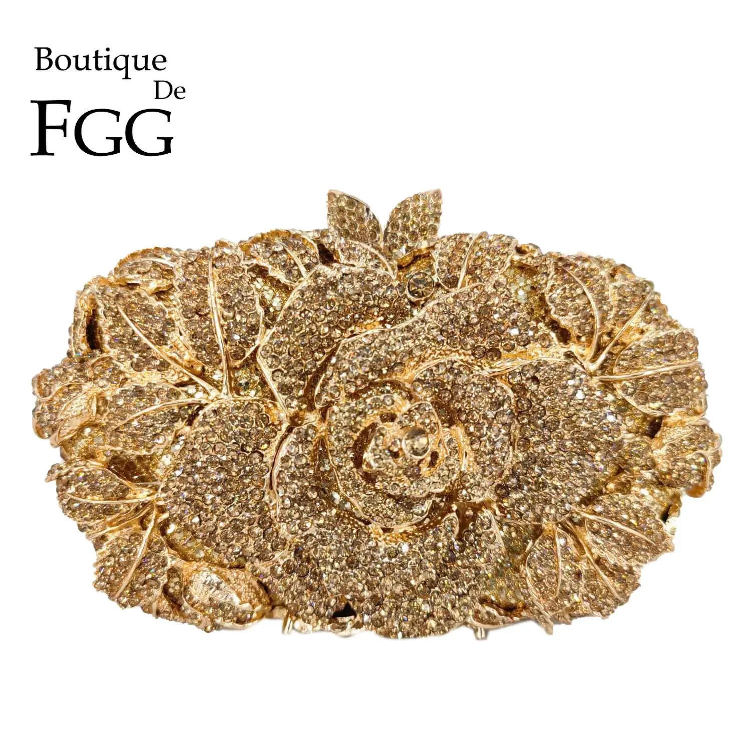 

Boutique De FGG (in stock) Women Gold Flower Clutch Evening Bags Bridal Wedding Handbags Formal Party Rhinestones Floral Purses