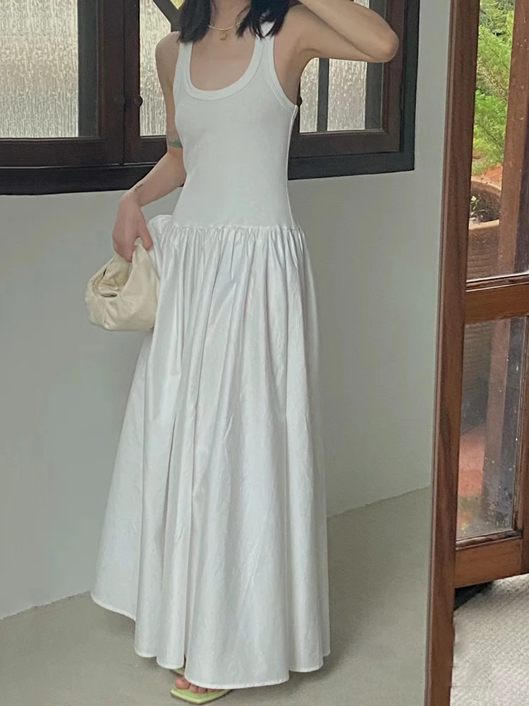 

Simple casual splicing Long dresses design sense vacation style cross strap sleeveless undershirt dress women 2024 summer new