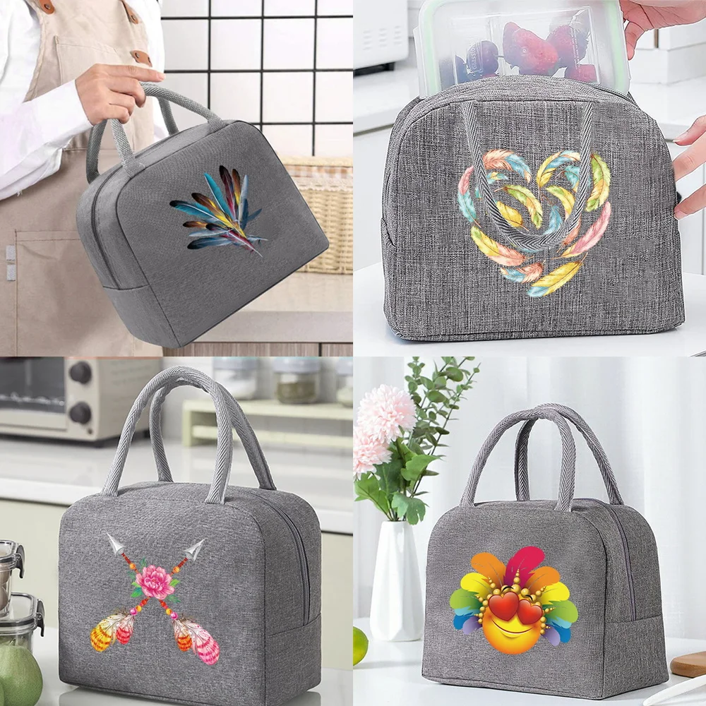 

Thermal Food Picnic Lunch Box Insulated School Child Food Bag Tote Lunch Bags for Work Feather Pattern Cooler Bag for Women