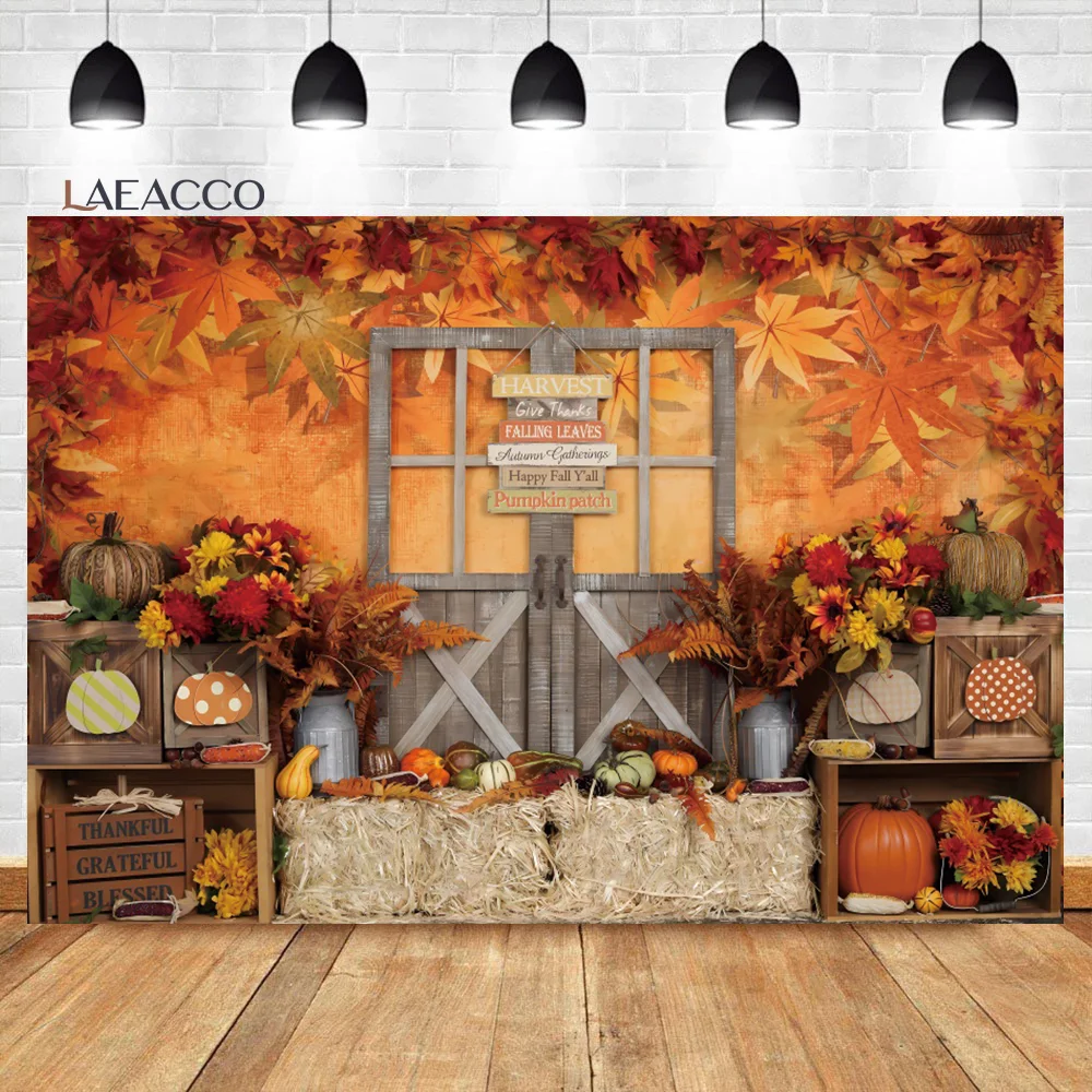 

Laeacco Fall Thanksgiving Backdrop Autumn Rustic Farm Pumpkin Harvest Barn Door Kids Birthday Portrait Photography Background