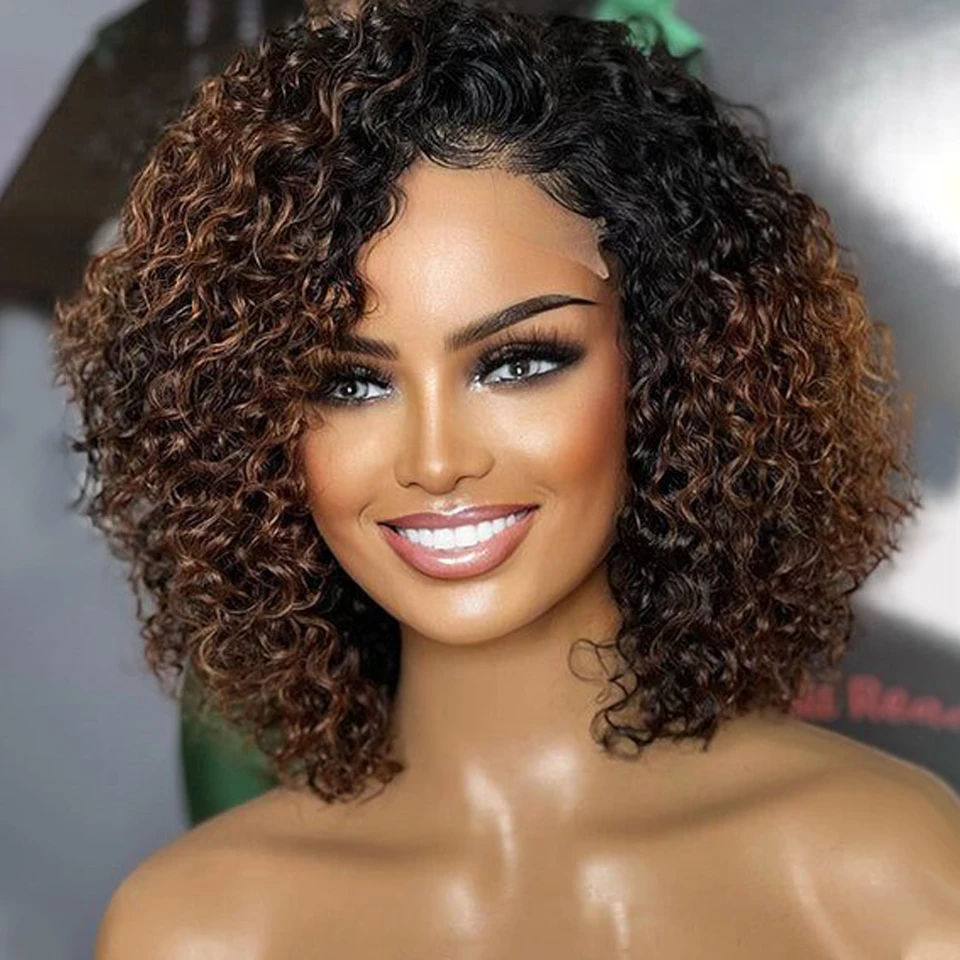 

180% Short Afro Kinky Curly Human Hair Wigs Ombre Highlight Human Hair Wig With Bangs Colored Brazilian Curly Bob Wig For Women