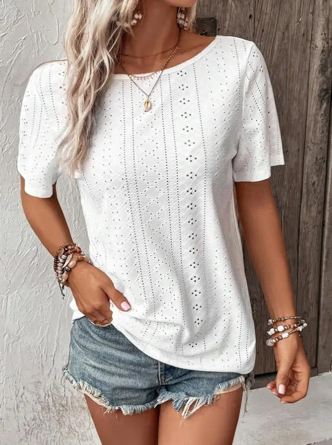 Women's T-Shirt 2023 Fashion Blouse Backless Lace Spliced T-Shirt Hollow Hollow Round Neck Short Sleeve Casual Top Y2K Clothing
Women's T-Shirt 2023 Fashion Blouse Backless Lace Spliced T-Shirt Hollow Hollow Round Neck Short Sleeve Casual Top Y2K Clothing