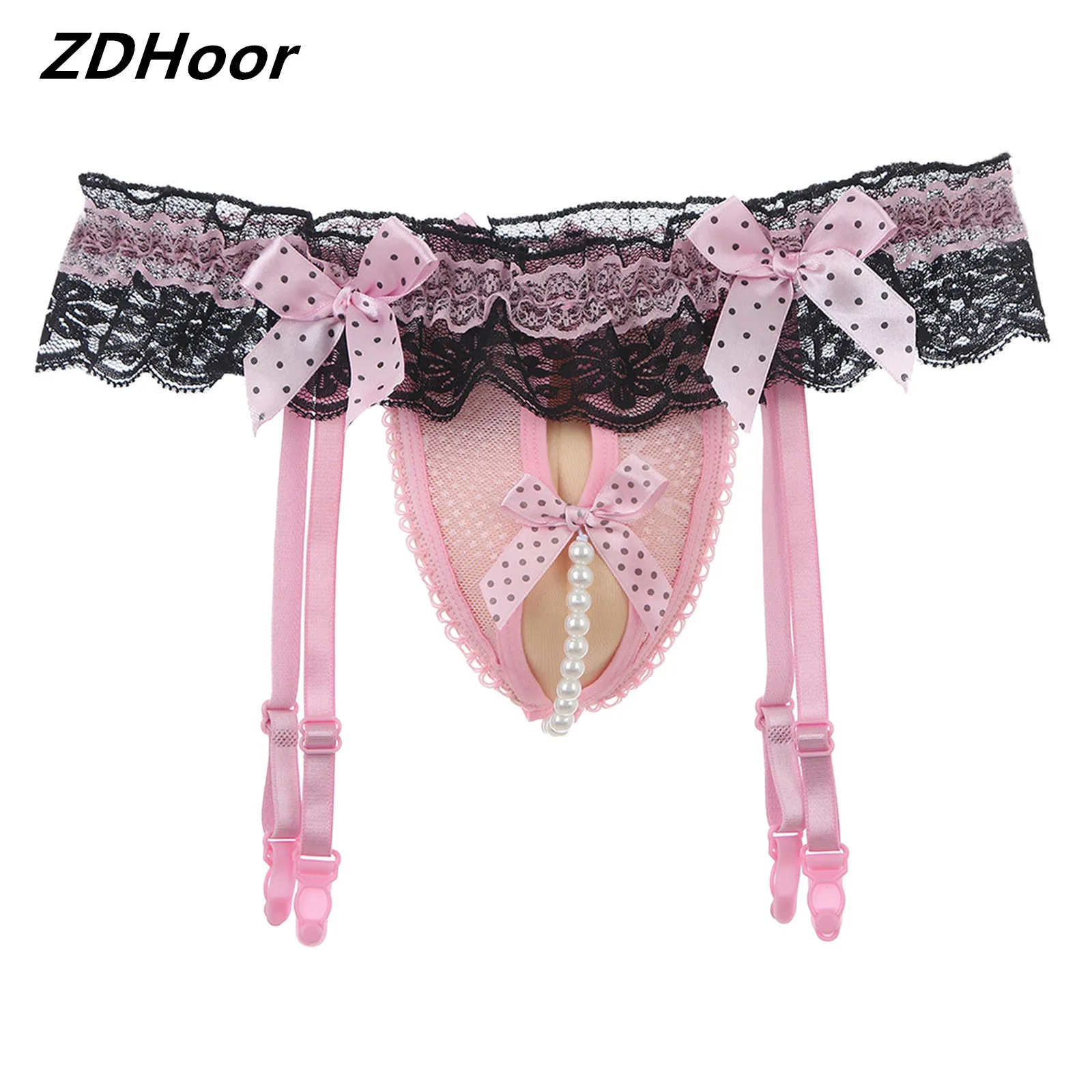 

Men Lace Cross-Dresser Thong Transvestite Sissy Underwear Bow Artificial Pearls Decorated T-Back Low Rise Bulge Pouch G-String