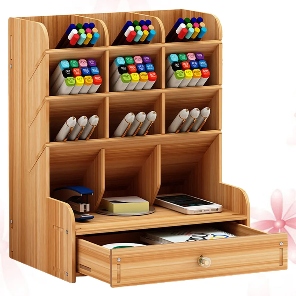 

Pen Holder Shelf Desk Pen Organizer Wooden Multi- Functional Desktop Stationary Storage Rack with Drawer for School Home Office