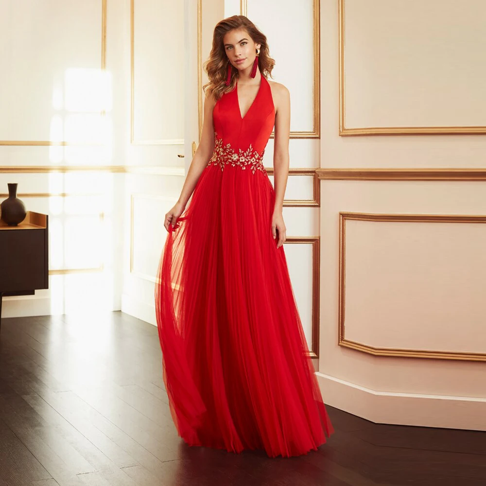 Red Halter Evening Dresses Sexy Backless Sleeveless A-Line Floor-Length Party Dress Glamorous Lace Appliques Tulle Prom Gown
Red Halter Evening Dresses Sexy Backless Sleeveless A-Line Floor-Length Party Dress Glamorous Lace Appliques Tulle Prom Gown