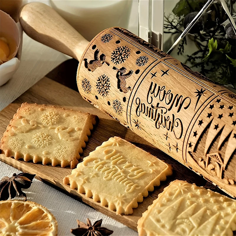 

9 Different Pattern 3D Engraved Embossing Merry Christmas Rolling Pin Creative Wood Rotation Baking Cookies Fondant Cake Making