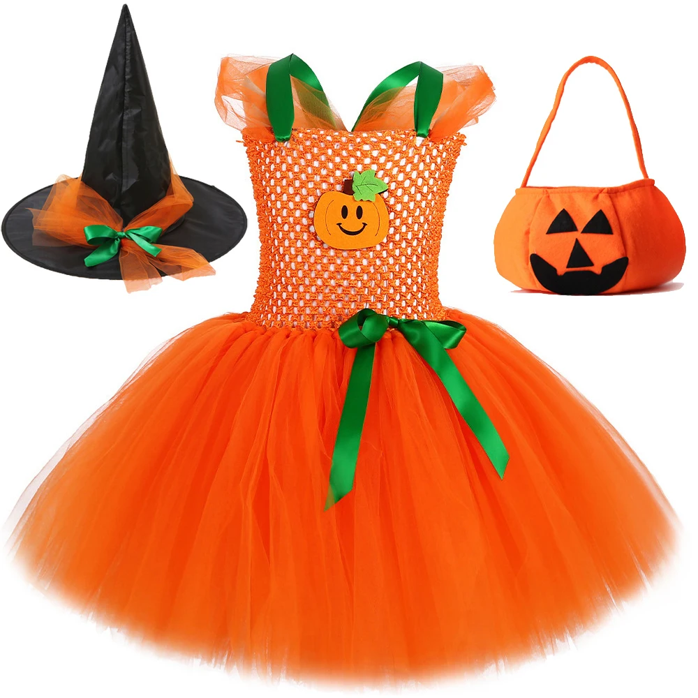 

Orange Pumpkin Halloween Costumes for Girls Witch Cosplay Tutu Dess with Hat Bag Kids Carnival Party Outfit Holiday Clothes Set