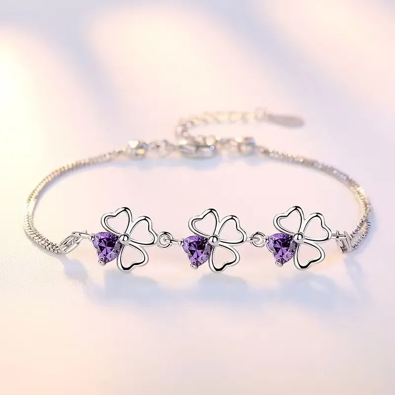 

JewelryTop Store 925 Sterling Silver Bracelet Jewelry Purple Wedding Lucky Clover Cubic Zirconia Length 17CM+4CM