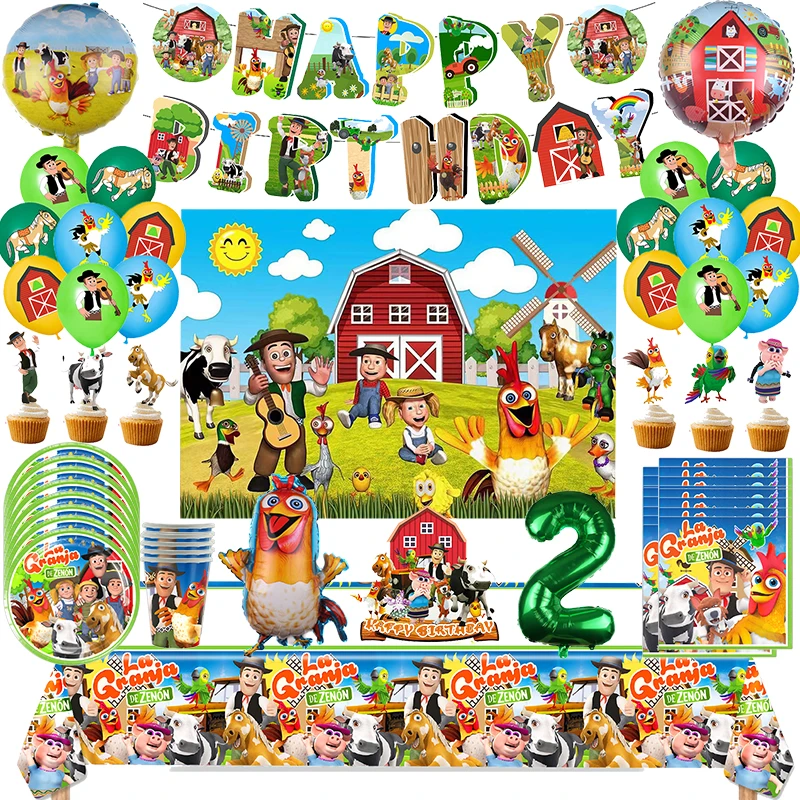 

La Granja Zenon Farm Ranch Theme Birthday Party Decoration Tableware Supplies Chicken foil Balloon Backdrop Banner Baby Shower