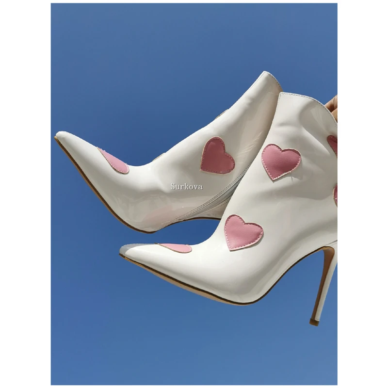 Women's White Ankle Boots Patent Upper Pointed Toe Heart Pattern High Tops Boots Elegant Stiletto Shoes Thin Heels Zipper Pumps
Women's White Ankle Boots Patent Upper Pointed Toe Heart Pattern High Tops Boots Elegant Stiletto Shoes Thin Heels Zipper Pumps
