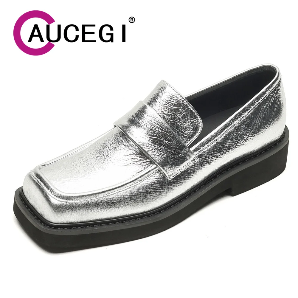 

Aucegi Brand Design Genuine Leather Square Toe Comfortable Med Heel Spring Shoes Mature Office Ladies Slip On Pumps Silver