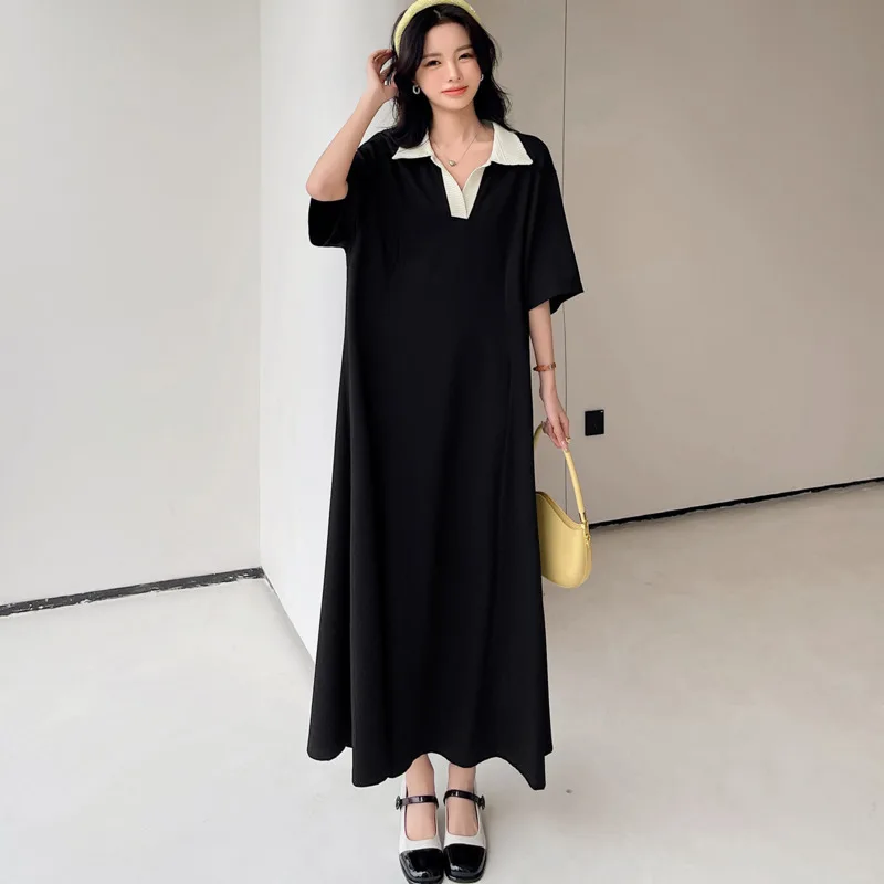 #6387 Black White Polo-Neck Long T Shirt Dress Short Sleeve Loose A-line Dress Summer Black Long Dress Ladies Ankle-length
#6387 Black White Polo-Neck Long T Shirt Dress Short Sleeve Loose A-line Dress Summer Black Long Dress Ladies Ankle-length