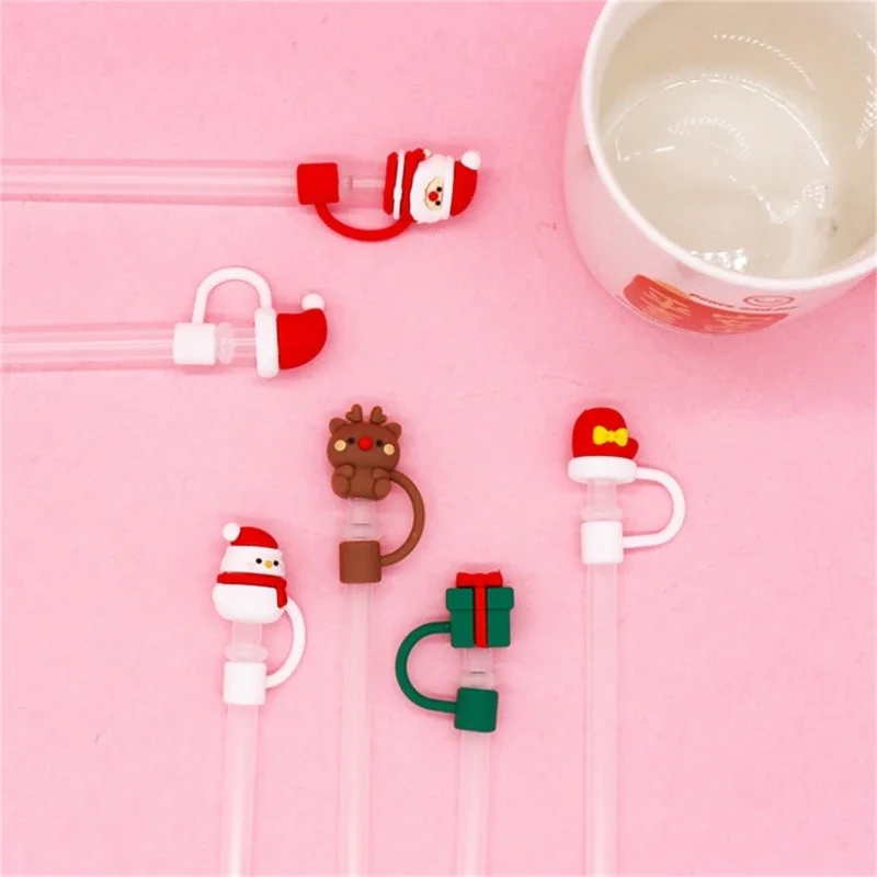 

Reusable Silicone Straw Covers Cap Cartoon Christmas Straw Toppers Dustproof Drinking Straw Tip Lids for Tumblers