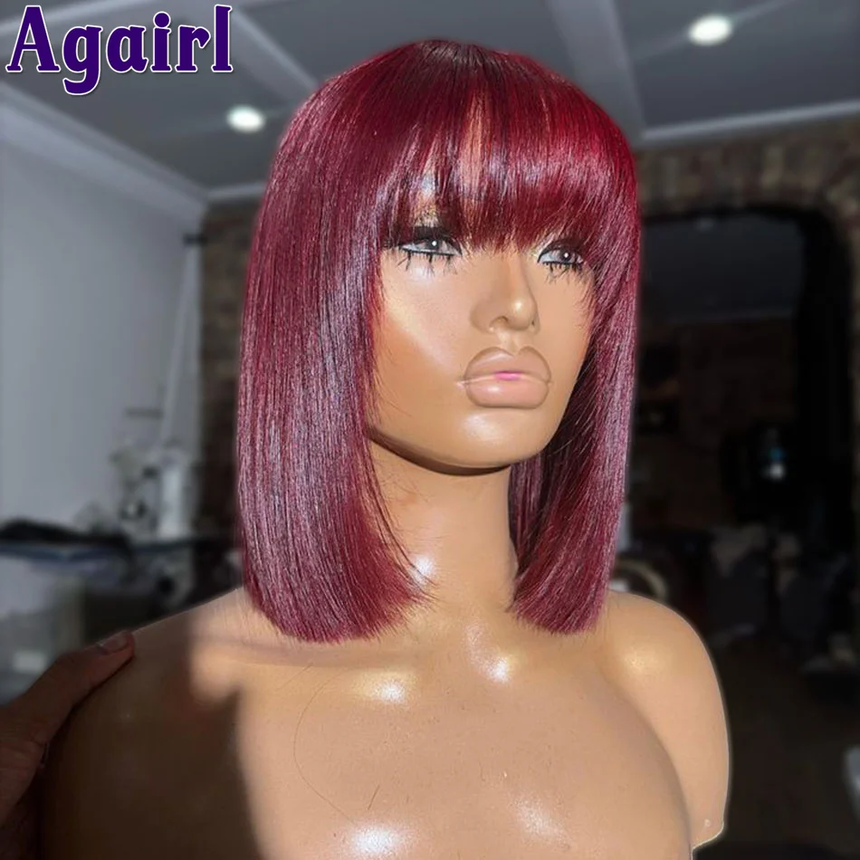 

180% Density Dark Red 99J 13X4 Lace Front Human Hair Bob Wigs With Bangs Burgundy Straight Short Bob Lace Frontal Wigs For Women