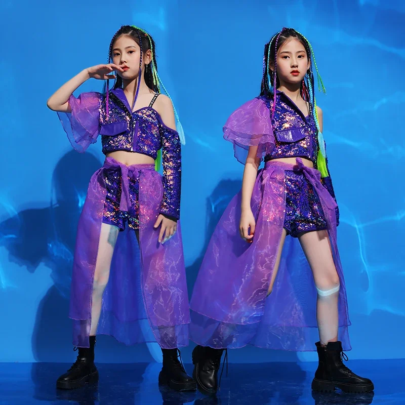 

Hip Hop Girl'S Jazz Performance Outfit Model T-Stage Clothing Fashion Kids Stage Sequin mesh suits Costume Children Show Clothes