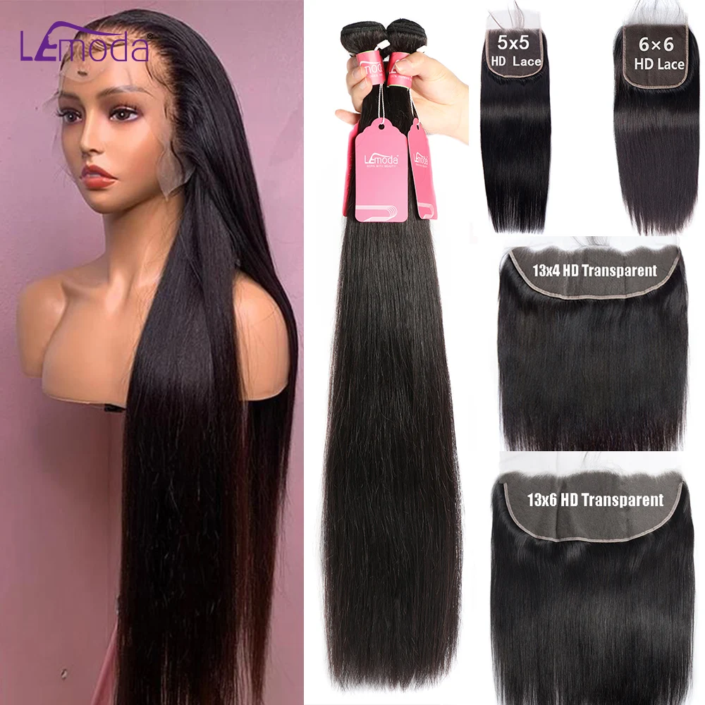 

Straight Bundles With Frontal 13x4 13x6 HD Transparent 5x5 6x6 Lace Closure With Bundles Remy Human Hair Weave Extension Lemoda