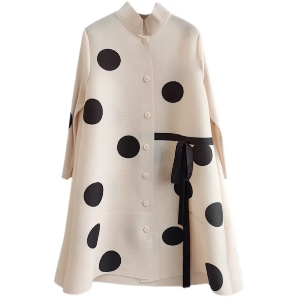 

Miyake Pleated Simple Long Tops Fall New Polka Dot Print Cardigan Stand-up Collar Fashion Trench Coat Loose Plus Size Women's