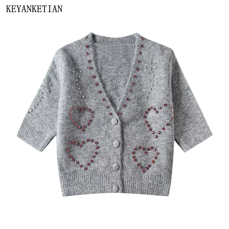 

KEYANKETIAN 2024 New Launch Women's Studded Beaded Decorations Sweet Knit Cardigans Spring Single Breasted Short Sleeve Sweater