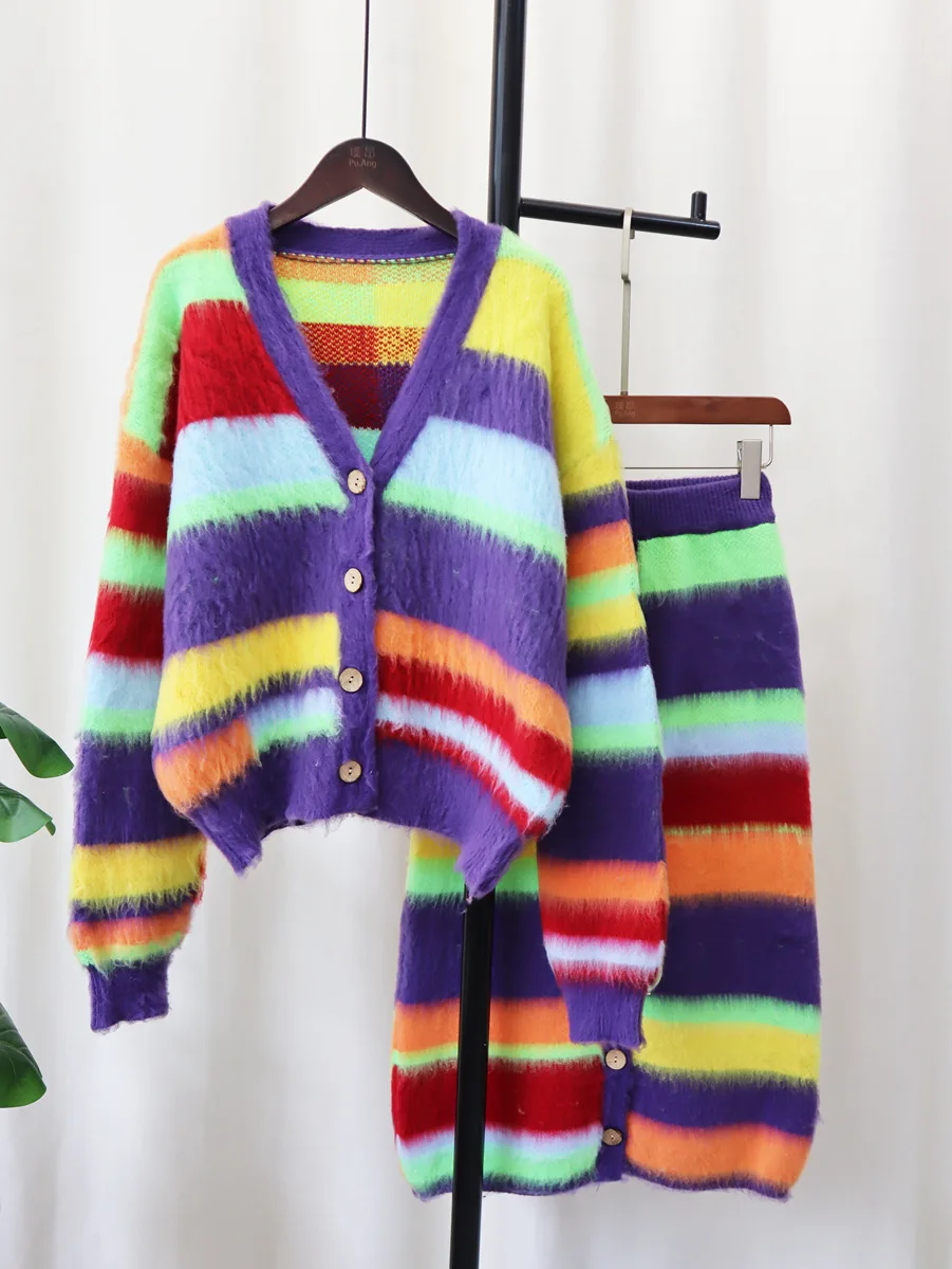 Women's Streetwear Rainbow Stripe Two Pieces Knitted Skirt Suit Lady Autumn Winter Long Sleeve Cardigan Outwear + Long Skirt
Women's Streetwear Rainbow Stripe Two Pieces Knitted Skirt Suit Lady Autumn Winter Long Sleeve Cardigan Outwear + Long Skirt