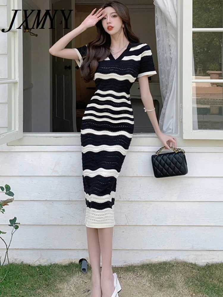 JXMYY Fashionable Striped Knitted Dress Women's Summer New Short Sleeve High-End Waist Slimming Elegant Dress
JXMYY Fashionable Striped Knitted Dress Women's Summer New Short Sleeve High-End Waist Slimming Elegant Dress