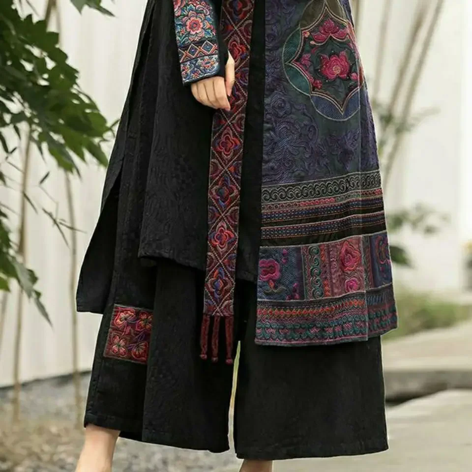 

2023 ethnic style stitching design embroidery wide leg fringe skirt elastic waist skirt retro fashion women's chinese pants g730