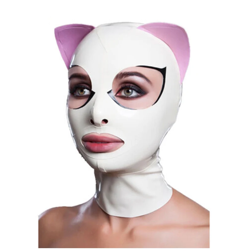 

Latex Mask Pink Cat Ear Shackles Rubber Hoods Sexy Fetish Back Zip Cosplay Party Catsuit Clubwear for Women