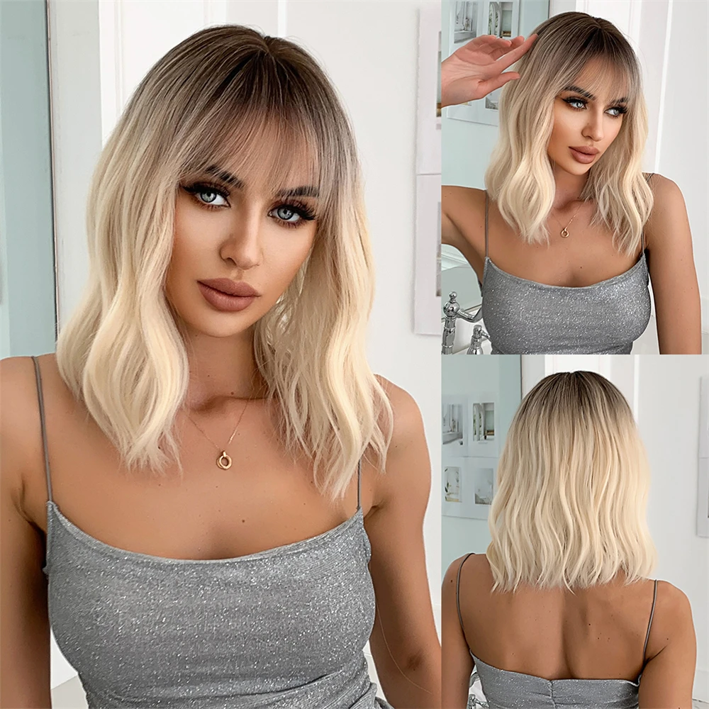 

Ombre Platinum Blonde Short Wavy Synthetic Wigs with Bangs for Women Daily Cosplay Party Natural Heat Resistant Bob Hairs Wig