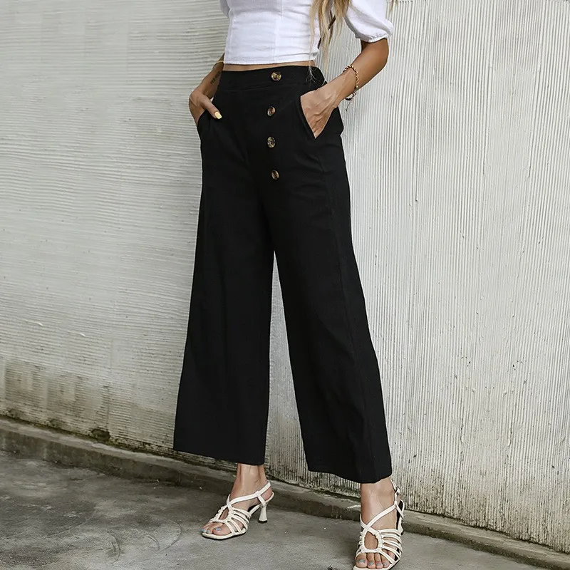 

Solid Color High Waisted Casual Female Pants Straight Slight Strech Ankle-Length Trousers Loose Fit Elastic Waist Pants