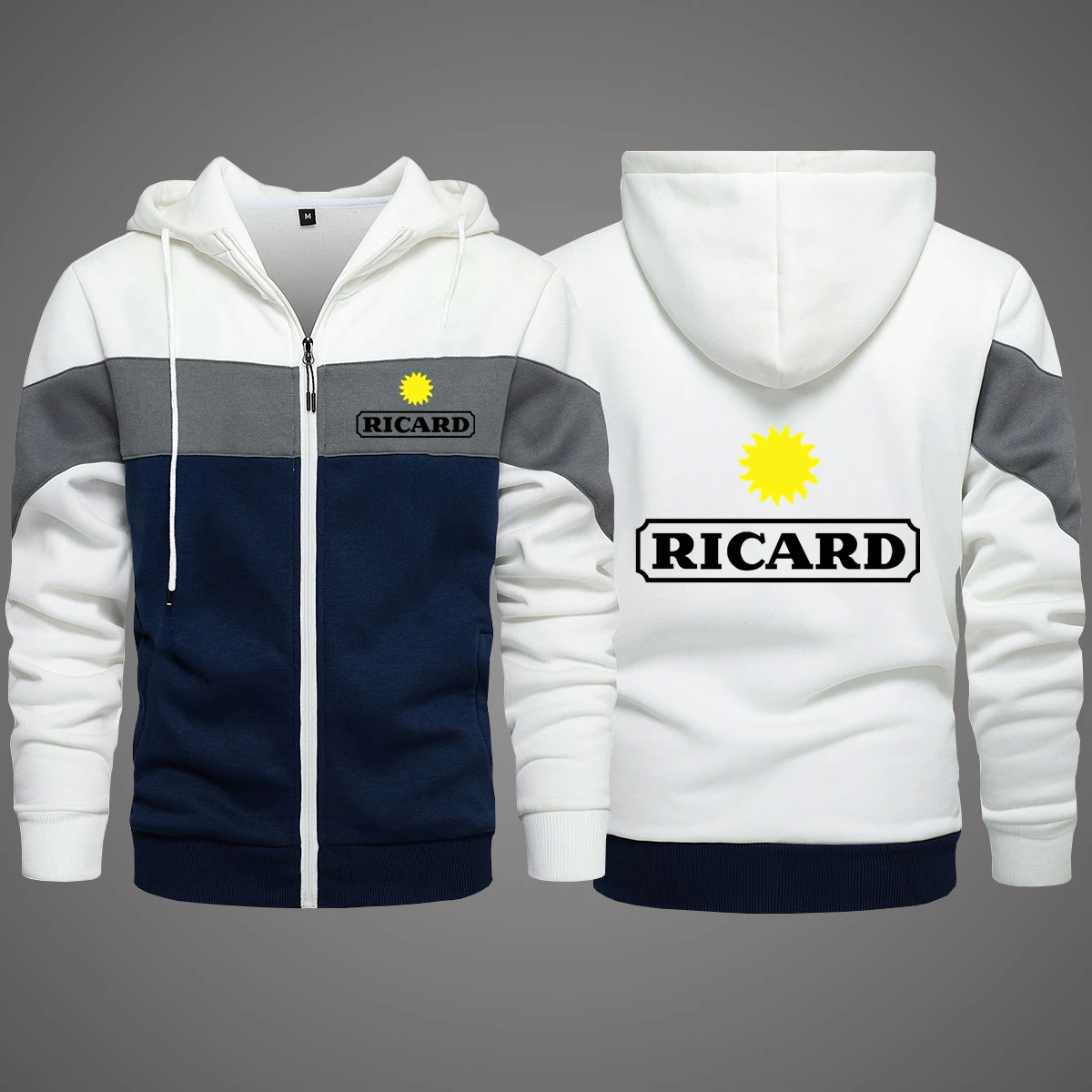 

2023 New RICARD Logo Printed Customizable Spliced Men Zipper Hoodie Jacket Cotton Warm Casual Pockets Man Sportswear Hip Hop Top