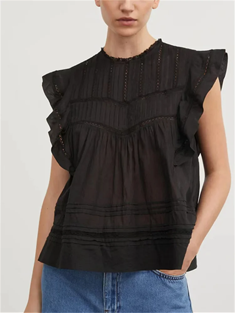 

Ladies Ruffled Collar Flying Sleeve Simple Elegant Shirt Women Lace Hollow Out Sweet Blouse Spring Summer 2024 New