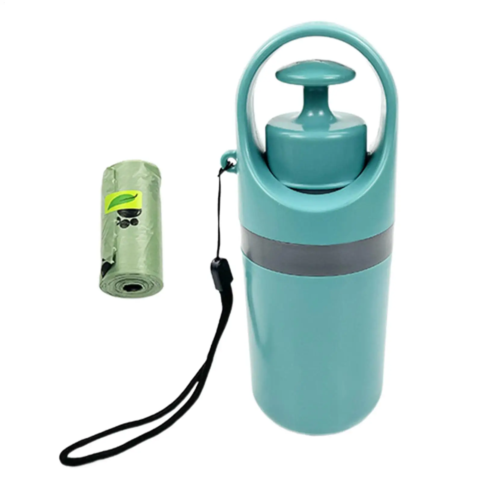 Dog Poop Scooper | Dog Waste Picker A studio shot of the teal pet scooper in its closed position standing next to a single roll of green waste bags, highlighting its compact size relative to the bag roll.