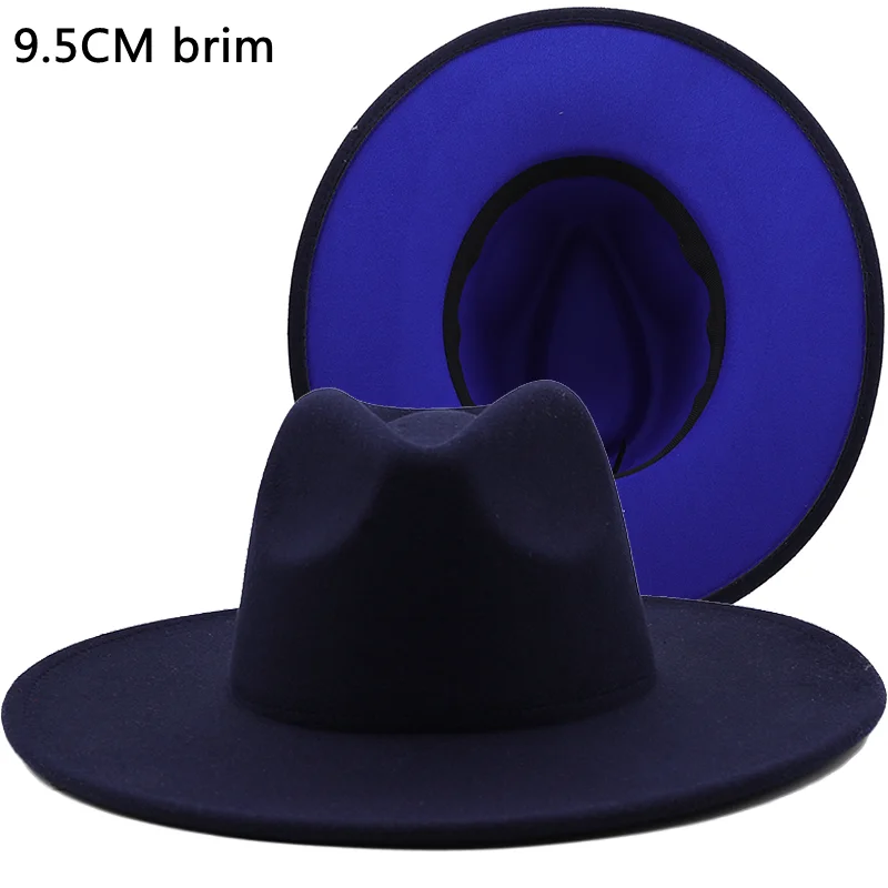 

New Outer Black Inner Blue Wool Felt Jazz Fedora Hats with Thin Belt Buckle Men Women 9.5CM Wide Brim Panama Trilby Cap 56-58CM