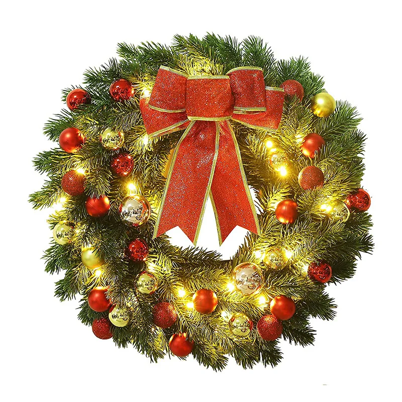 

40 см Рождественский венок для входной двери, шар для рождественской елки, подвесной бант, игольчатая гирлянда из сосны, 2024, рождественские украшения, Новогоднее украшение для дома