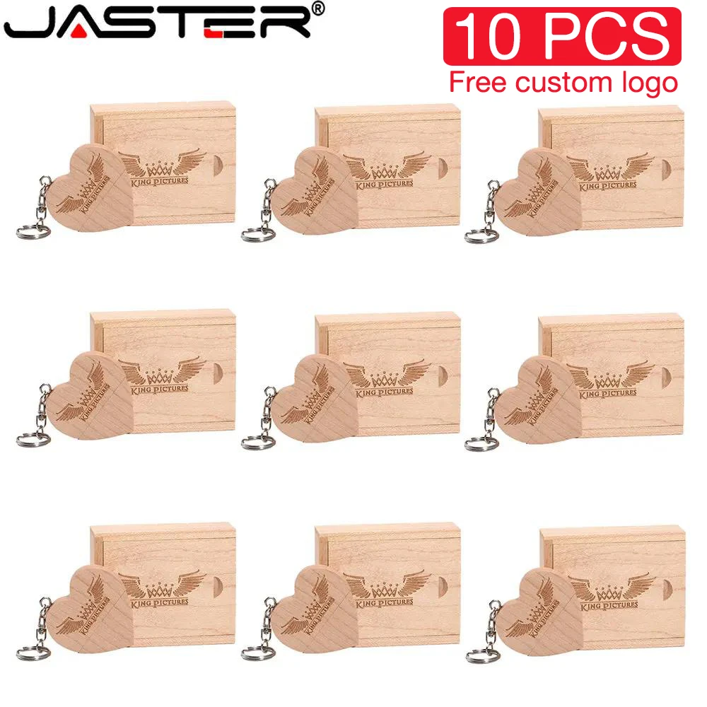 

JASTER 10PCS/LOT Wooden Heart USB 2.0 Flash Drives 128GB Free custom logo key chain Pen drive 64GB 32GB Business gift USB stick