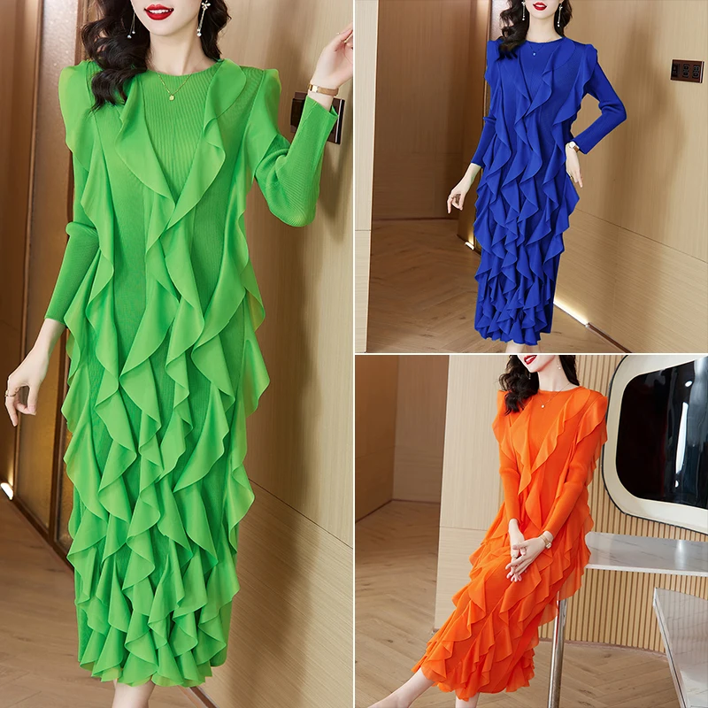 

Sanzhai Fold 2024 Spring Solid Color Lotus Leaf Dress Commuter Layered Fold Dress Long sleeved O-neck Large Size Dress